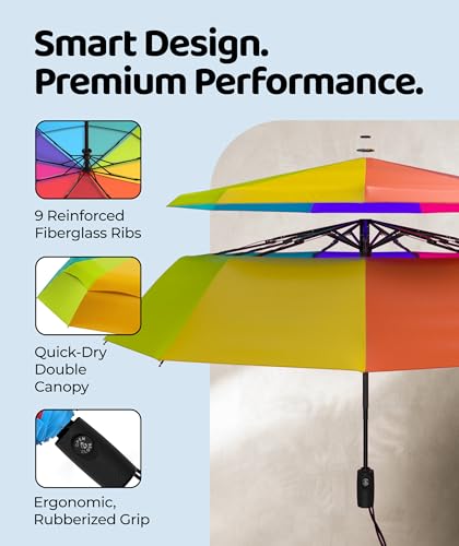 Repel Windproof Travel Umbrella - Compact & Withstands Winds up to 100MPH , Strongest Premium Auto Folding Umbrella for Rain and Sun - Durable, Light & Portable for Women & Men , Fits Backpack & Cars - color: Rainbow - Travel Umbrella (1 Pack)