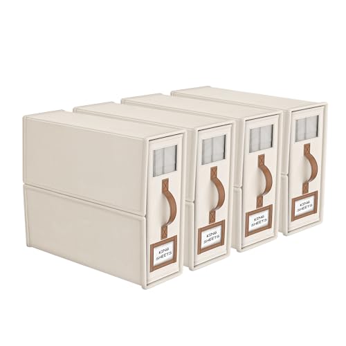 4 Pack Foldable Bed Sheets Set Organizers and Storage(King & Queen Size),Linen Fabric Closet Organizers with Window,Folding Bedding Storage Box for Bedsheets and Pillow Cube Organizer-Beige - color: Beige, size: 4 Pack-King Size-3.7 Gal