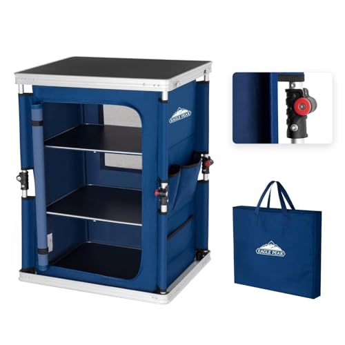 EAGLE PEAK Outdoor Folding Camping Table with Large 3-Tier Storage Organizer and Side Pockets, Easy Set Up Portable Aluminum Camping Kitchen, Blue - color: Blue, size: 18.9 x 23.6 x 31.5 IN