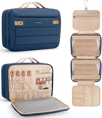 COOSKY Women's Hanging Toiletry Bag, Waterproof Travel Cosmetic Organizer with Jewelry Storage, Large Capacity Makeup Case for Full-Size Skincare & Bathroom Essentials, Portable Cosmetic kit, Navy - color: Navy blue