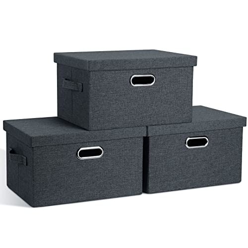 Graciadeco Medium 15" 21 Quart Collapsible Stackable Storage Bins with Lids, 3 Packs Dark Grey Foldable Fabric Closet Boxes Heavy-duty Linen Cube Baskets Container for Bedroom Office (15 x 11 x 8) - color: Dark Gray, size: Medium -3 Pack