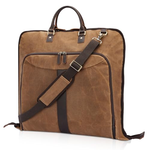 Polare Waxed Canvas Full Grain Leather Trim Garment Carry On Bag for Travel, Foldable Hanging Suitcase Weekender Dust-Proof Garment Waterproof Cover with YKK Zipper and Adjustable Strap - color: Brown