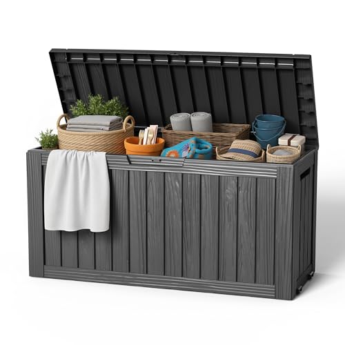 EasyUp 85 Gallon Outdoor Storage Box, Resin Waterproof UV-Resistant Deck Box, Reinforced Stability for Patio, Garden, and Poolside, Striped Black - color: Black, size: 85 Gallon
