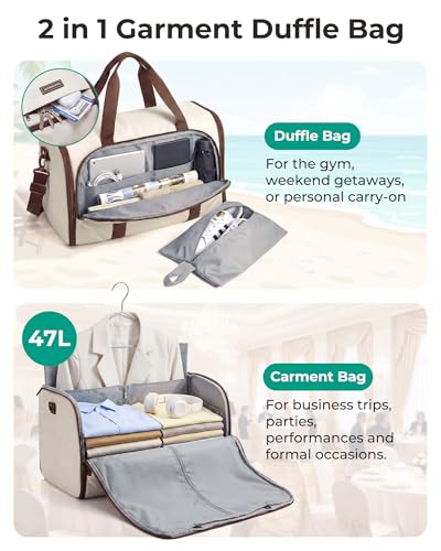 BAGSMART Garment Bag Duffle Bag for Travel Convertible 2 in 1 Suit Bag for Hanging Clothes Carry on Travel Bag with Shoes Bag,Shoulder Strap Weekender for Dresses, Coats, Shirts (White) - color: White