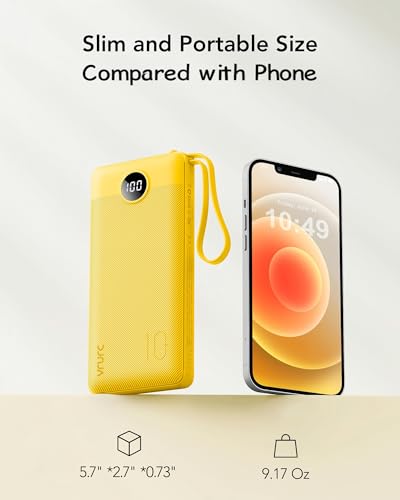 VRURC Portable Charger with Built-in Cables, USB C Portable Phone Charger 10000mAh, Lightweight Power Bank with 5 Output 2 Input Compatible with Smart Phones,Samsung,Android etc-Yellow(1 Pack) - color: Yellow