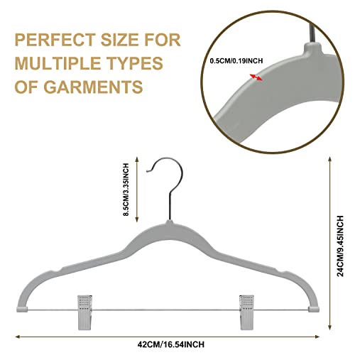 Quality Plastic 20-Pack Non Velvet Non-Flocked Thin Compact Coat Hangers with Metal Clips for Skirts Pants Blouses 360° Swivel Hook (Gray, 20) - color: Gray