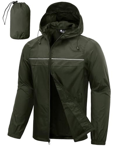 SWISSWELL Mens Rain Jacket & Coats Packable Lightweight Waterproof Windbreaker Hooded for Golf Cycling Hiking - color: Army Green+packable, size: XX-Large