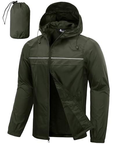 SWISSWELL Mens Rain Jacket & Coats Packable Lightweight Waterproof Windbreaker Hooded for Golf Cycling Hiking - color: Army Green+packable, size: 5X-Large