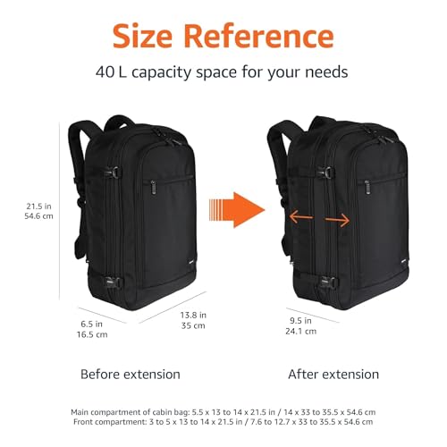 Amazon Basics Travel Backpack,Carry-On with Laptop Compartment, 1.55 cu. ft. Capacity,Expandable for 10% Extra Space,Convertible Backpack & Shoulder Bag,Multiple Pockets,13.8"W x 21.5"H x 9.5"D, Black - color: Black