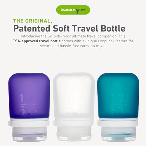 humangear GoToob+ Bottles - Silicone Leak-Proof Travel Tubes for Toiletries, Camping & TSA Carry-On (3-Pack), Small (1.7 fl oz; 53ml), Clear/Purple/Teal - color: Purple/Clear/Teal, size: 1.7 Ounces