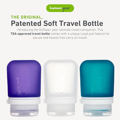 humangear GoToob+ Bottles - Silicone Leak-Proof Travel Tubes for Toiletries, Camping & TSA Carry-On (3-Pack), Small (1.7 fl oz; 53ml), Clear/Purple/Teal - color: Purple/Clear/Teal, size: 1.7 Ounces
