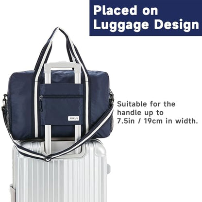 Arxus Foldable Tote Bag for Travel Expandable Lightweight Carry On Luggage 22L Packable Duffle Bag for Traveling - color: Navy Blue