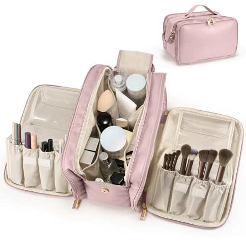 Travel Makeup Bag Women's Large Capacity Cosmetic Portable Organizer Large Opening Waterproof Storage Toiletry Bags Vertical Free-Standing Brush Holder for Easy Access Pink - color: Pink