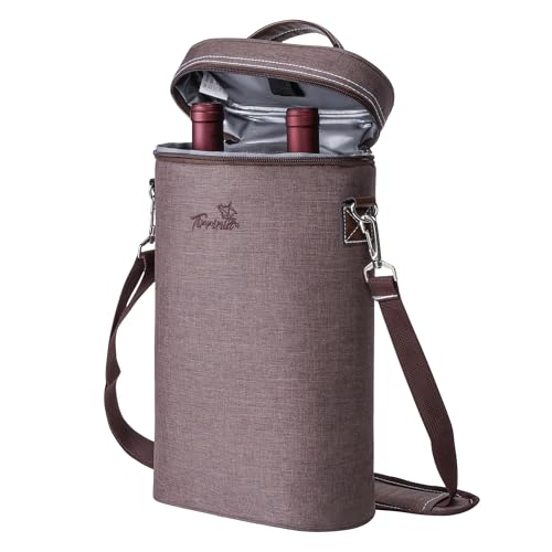Tirrinia 2 Bottle Wine Gift Tote Carrier - Leakproof & Insulated Padded Versatile Wine Cooler Bag for Travel, BYOB Restaurant, Party, Dinner, Gift for Wine Lovers, Brown - color: Brown, size: 2 Bottle-without front pocket