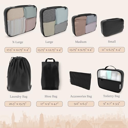 Shacke 8 Set Packing Cubes for Travel – Complete Luggage Organizer Set with Laundry, Shoe, Toiletry & Accessories Bag, Suitcase Travel Organizer (Air Black) - color: 8 Set - Air Black, size: Set of 8