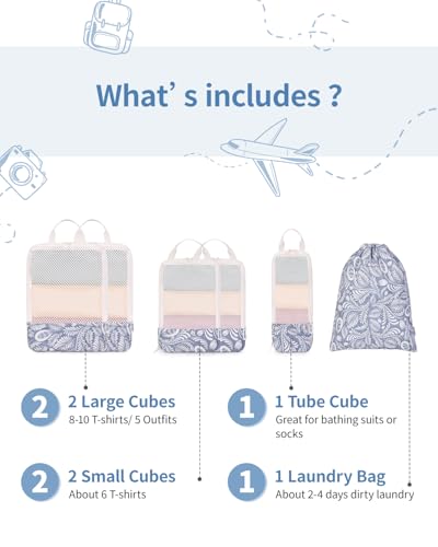 Narwey 6 Set Compression Packing Cubes for Travel Women Men, Travel Cubes for Carry On Suitcase, Durable Compression Luggage Organizer Bags - color: Y-Blue Leaf