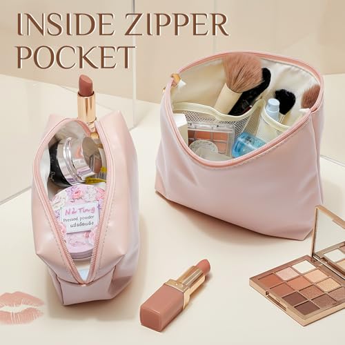Kigeli 2 Pcs PU Leather Makeup Bag Set for Women Waterproof Aesthetic Cosmetic Bag Large & Small Travel Toiletry Organizer Pouch Skincare Organizer Bridesmaid Mother's Day Birthday Gift(Pink) - color: Pink