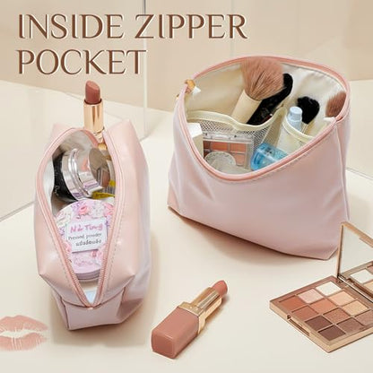 Kigeli 2 Pcs PU Leather Makeup Bag Set for Women Waterproof Aesthetic Cosmetic Bag Large & Small Travel Toiletry Organizer Pouch Skincare Organizer Bridesmaid Mother's Day Birthday Gift(Pink) - color: Pink