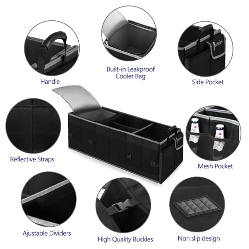 Trunk Organizer With Built-In Insulated Leak Proof Cooler Bag,Collapsible Cargo Organizer For Suv With Non Slip Bottom Strips,3 Large Compartments Foldable Waterproof Portable Car Storage Box - color: Black with Cooler Bag