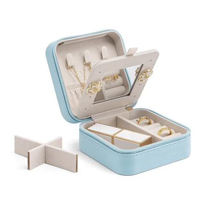 Vlando Small Travel Jewelry Box Organizer - Mirrored Jewelries Necklaces Rings Earrings Necklace Storage Case, Baby Blue - color: a. Baby Blue