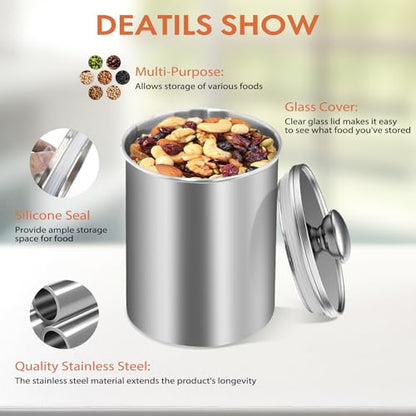ENLOY Stainless Steel Food Storage Container Set of 3, 88/61/29 oz with Clear Glass Lids - Ideal for Coffee, Tea, Sugar, Flour Canisters - size: Medium
