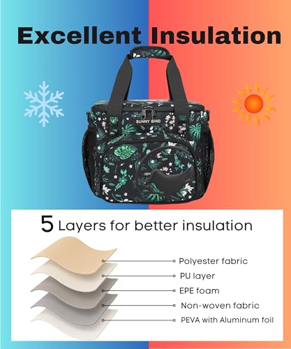 SUNNY BIRD 12L Large Insulated Lunch Bag, Leakproof and Foldable Lunch Cooler Box for Women Adult and Men, Fits 18 Cans (Floral & Foliage) - color: Floral & Foliage