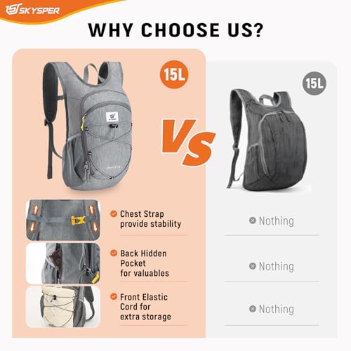 SKYSPER 15L/20L Foldable Hiking Backpack Lightweight Packable Travel Daypack with Chest Strap Small Folding Pack for Walking - color: Grey, size: 15l