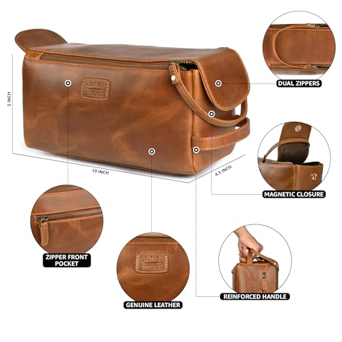 LEATHER VILLAGE Genuine Leather Travel Toiletry Bag - Water-Resistant Dopp Kit for Toiletries, Large Shaving Bag & Bathroom Organizer - Gift for Men & Women - Tan Brown - color: Sun Tan