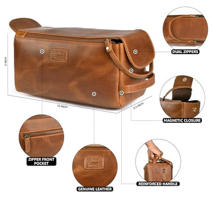 LEATHER VILLAGE Genuine Leather Travel Toiletry Bag - Water-Resistant Dopp Kit for Toiletries, Large Shaving Bag & Bathroom Organizer - Gift for Men & Women - Tan Brown - color: Sun Tan