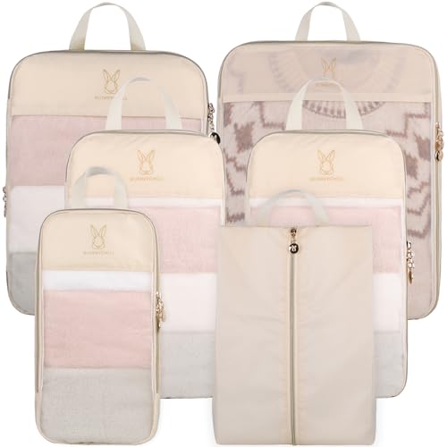 See Through Expandable Compression Packing Cubes, Mesh Travel Packing Cubes for Suitcases, Lightweight Organizers Bag Set for Travel Essentials for Luggage - color: Beige, size: 8 Set(L+M+S*2+XS+Shoe Bag+laundry Bag+zipper Bag)