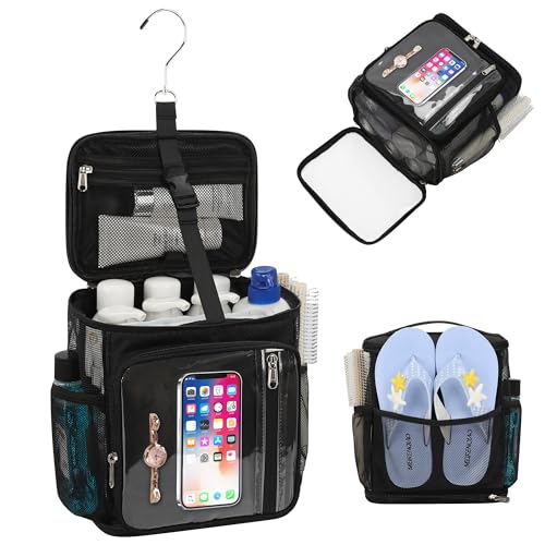 CUBETASTIC Hanging Shower Caddy Portable Bag - Quick Dry Shower Tote for Dorm College Essentials, Water-Resistant Travel Toiletry Bag with Separate Compartment & Multiple Pockets (Black, M)