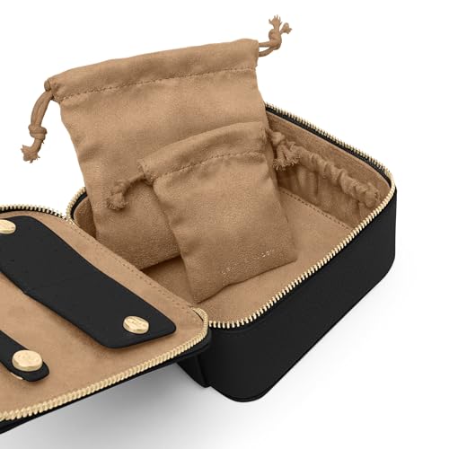 Leatherology Black Onyx Medium Jewelry Organizer – Full-Grain Leather Travel Case with Structured Design, Ring & Earring Storage, Zippered Suede Pouches - color: Black Onyx