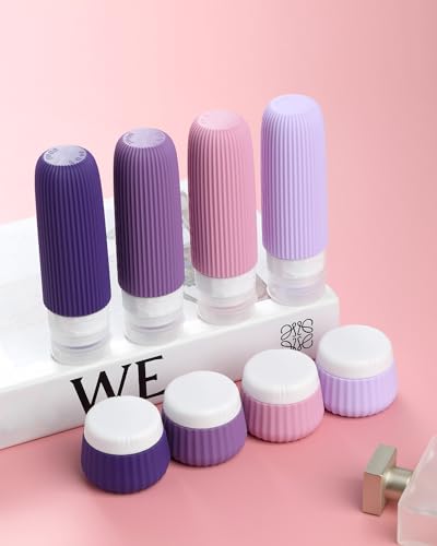 Mrsdry Travel Bottles for Toiletries - 8 Pack, TSA Approved 3oz Travel Containers, Leak Proof Silicone Squeezable Cream Jars with Clear Bag - color: Violet, size: Bottle 3oz Jars 1oz