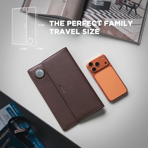 VULKIT Family Passport Holder for 4 Leather Passport Wallet with Airtag Slot Multiple Passport Holder RFID Blocking Bifold Travel Documents Organizer - color: Espresso