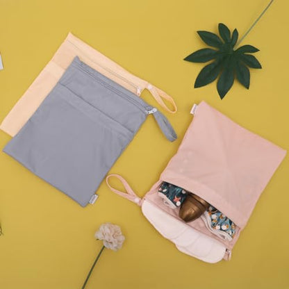 ALVA ALVABABY 3pcs Cloth Diaper Wet Dry Bags Waterproof Reusable with Two Zippered Pockets Travel Beach Pool Daycare Soiled Baby Items Yoga Gym Bag for Swimsuits or Wet Clothes 3L-ZM10 - color: Yellow Apricot Light grey