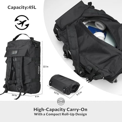 STOVER 45/80/100L Carry-On Rolling Duffel Bag with Wheels, Medium Durable Travel Duffle w/Toiletry Bag, Packable, Foldable with Shoulder Straps- Use as Luggage or Backpack, Men/Women (Black) - color: Black