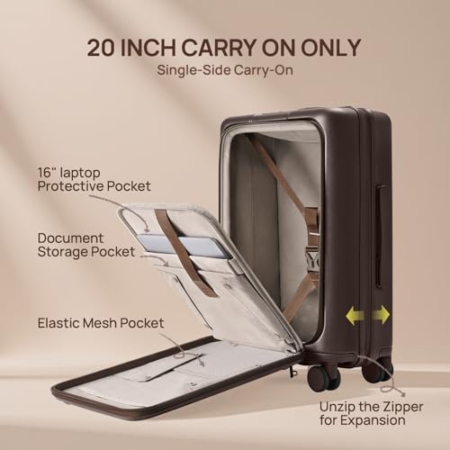 NINETYGO Carry On Luggage 22x14x9 Airline Approved, Top Opening 20 Inch Suitcase with Front Compartment, Expandable, Coffee-Infused PC Shell, Eco-Friendly, Cup Holder, TSA, Spinner Wheels (Latte) - color: 02-Caramel Latte, size: Carry-On 20-Inch (Top Open