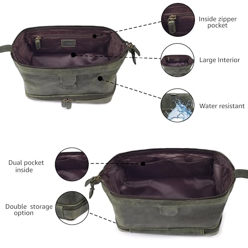 LEATHER VILLAGE Genuine Leather Dopp Kit – Large Travel Toiletry Bag with Waterproof Lining, Dual-Zip Design for Men & Women, Organizer for Shaving, Makeup & Essentials - Olive - color: Olive