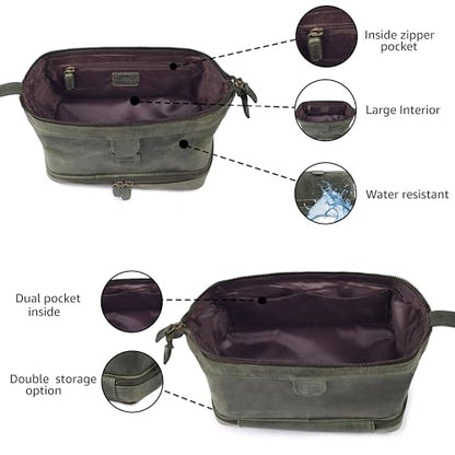 LEATHER VILLAGE Genuine Leather Dopp Kit – Large Travel Toiletry Bag with Waterproof Lining, Dual-Zip Design for Men & Women, Organizer for Shaving, Makeup & Essentials - Olive - color: Olive