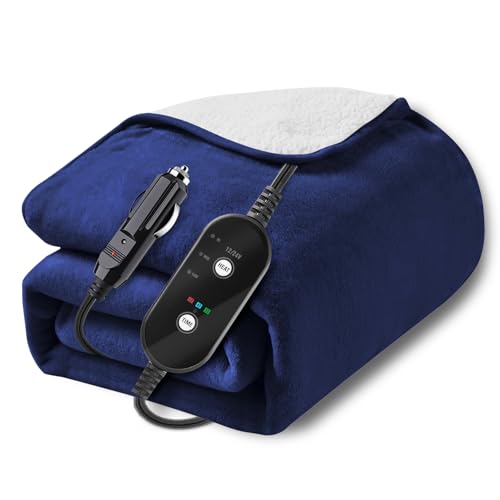 12V/24V Heated Car Blanket, Machine Washable Electric Blanket, Flannel Heating Throw for Car, SUV, RV Camping, 60" x 44", Hi/M/Lo Heating Settings, 30/45/60 Min Auto-Off Timer,Navy Blue - color: Navy Blue