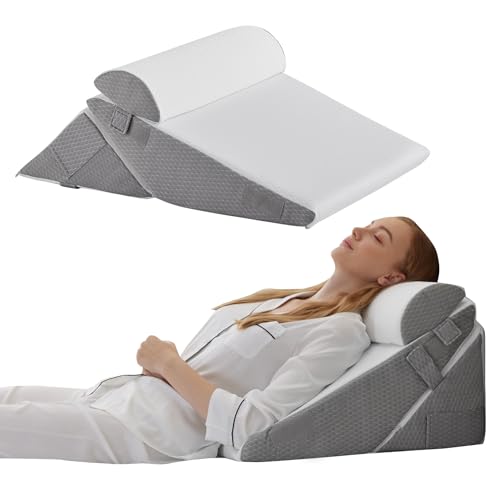 Bedluxe Wedge Pillow Headboard, 3PCS Orthopedic Bed Wedge Pillows Set for After Surgery, Adjustable Pillow Wedge for Acid Reflux&Back Pain Relief, Sleeping, Back Pillow for Bed Sitting Up, White/Grey - color: White/Grey, size: Adjustable 9&12 Inch + 1 Hea