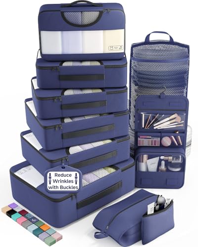 Veken 10 Set Packing Cubes for Travel Essentials,Anti-Wrinkle Buckled Suitcase Organizer for Shoe & Toiletry Bag,Carry On Luggage Bag for Airplane & College Dorm Room Accessories,Women Men Gifts - color: 05 Indigo Blue