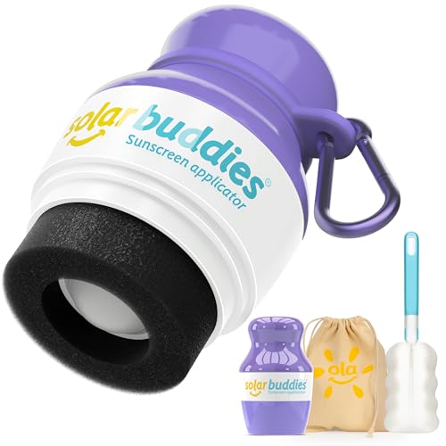 Solar Buddies Grab & Go Travel Bundle, Carabina Clip & Cleaning Brush - Single Full Purple - Refillable Roll on Sponge Sunscreen, Suncream & Lotion Applicator For Kids, Adults & Families - Holds 100ml - color: Purple Single