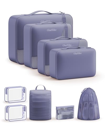 9 Set Packing Cubes for Travel, Gifts for Women Mom,Anti-Tearing Suitcase Organizer,OlarHike Vacation Essentials & Accessories for Cruise Ship - color: 09 Purple Gray