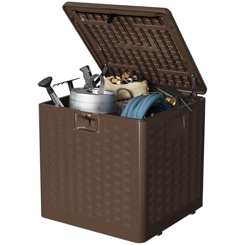 Garvee 28 gal Outdoor Storage Box with Lid, Weather-Resistant Plastic Deck Box, Lockable Outdoor Storage Bin for Patio Furniture, Gardening Tools and Accessories, Brown - color: Brown, size: 28 Gal