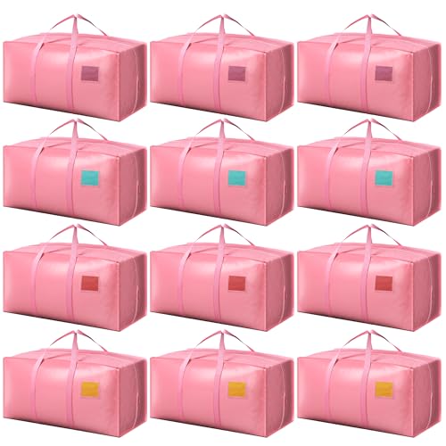 12 Pack Moving Bags with Full-Open Side Zipper, Extra Large 93L Heavy Duty Waterproof Foldable Storage Totes for College Dorm, Moving & Home Organization Pink - color: Pink, size: 12Pack