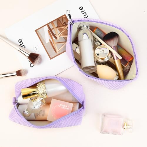 SOIDRAM 2 Pcs Corduroy Makeup Bag Large Cosmetic Bag Toiletry Bag Makeup Pouch Travel Bag Organizer Cute Makeup Brushes Aesthetic Accessories Storage Bag for Women Purple - color: Corduroy Purple