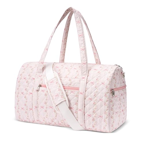 Gym Bag for Women, Cute Duffle Bag, Quilted Duffle Bag for Travel, Floral Duffle Bags, Weekend Bag with Zipper Pocket Dance Bag Organizer - color: A-Striped Bow