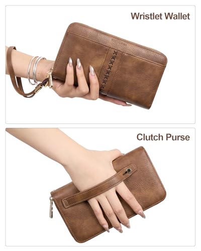 BOSTANTEN Wallets for Women Leather RFID Double Zipper Around Credit Card Holder Large Capacity Wristlet Clutch Wallet - color: Brown