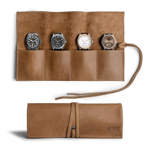Hide & Drink, Leather Watch Roll Organizer Handmade from Full Grain Leather, Holds Up to 4 Watches, Easy Carry On Watchlover Storage (Single Malt Mahogany) - color: Single Malt Mahogany